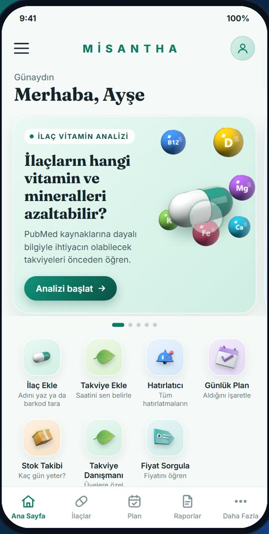 Misantha ana sayfası: kartlar ve kısayollar
