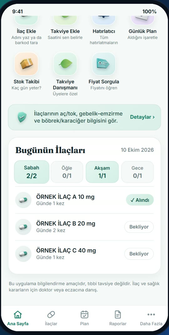 Bugünün ilaçları listesi, aldıklarını işaretle